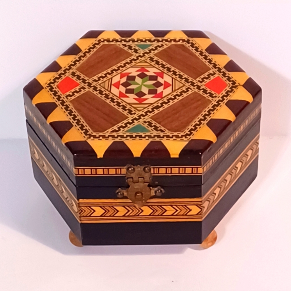 Vintage Marquetry Inlay Wooden 4 Footed Musical Jewelry Box with Mirror